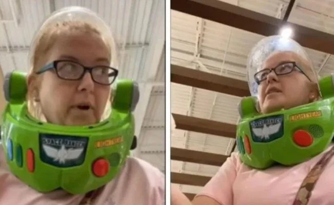 Señora con casco de Buzz Lightyear en el súper se vuelve viral