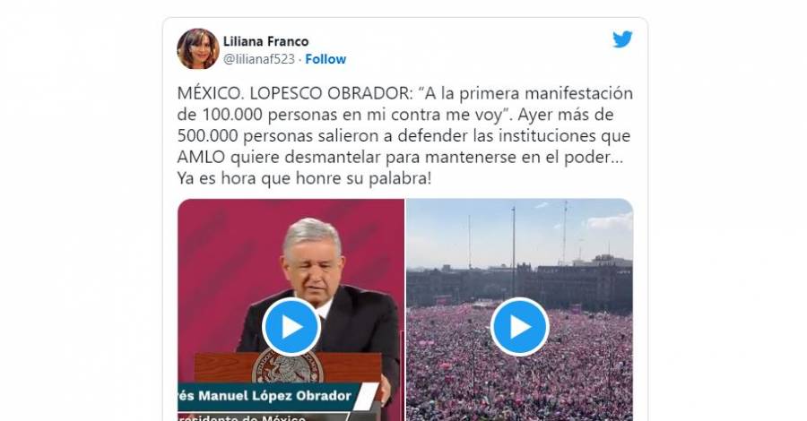 Recuerdan a AMLO su promesa: "A la primera manifestación de 100 mil personas en mi contra me voy"