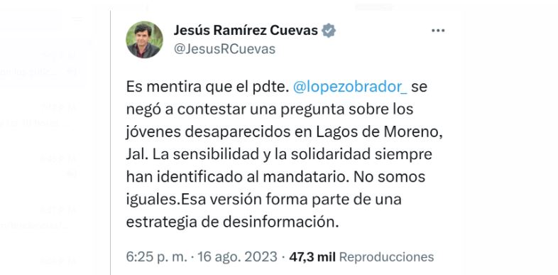 Vocero de Presidencia: "Es mentira que AMLO se negó a responder sobre jóvenes extraviados "