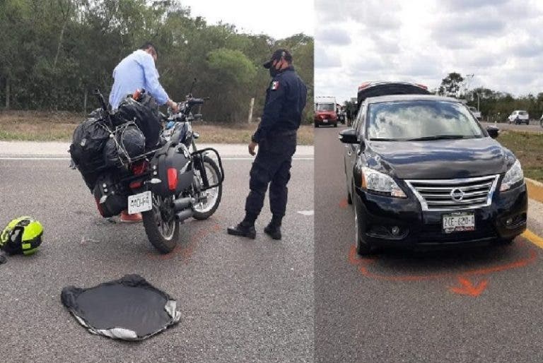 Motociclista derrapa en la Mérida-Campeche, choca contra un auto y vive para contarlo