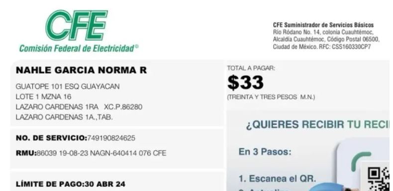 Rocío Nahle paga ¡33 pesos! de energía eléctrica cada bimestre