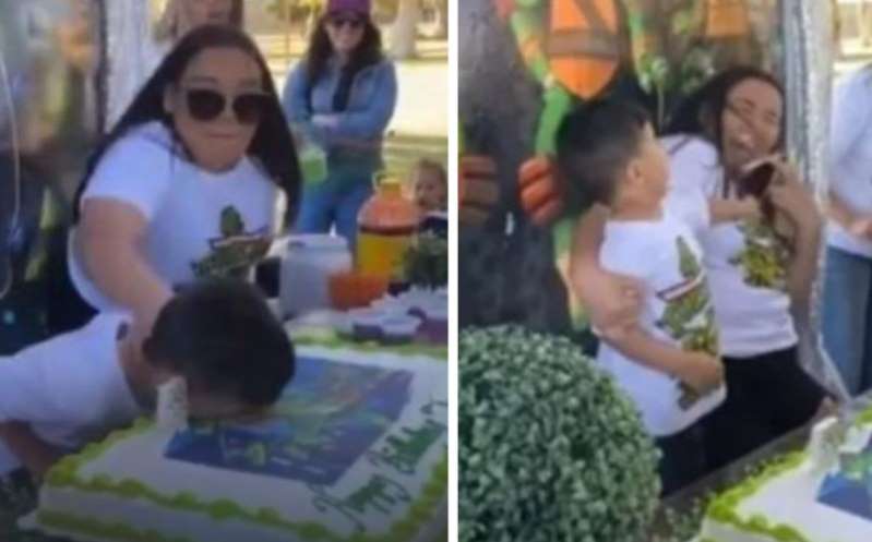 (VÍDEO) Niño enfurece y golpea a su tía por aventarlo a su pastel de cumpleaños