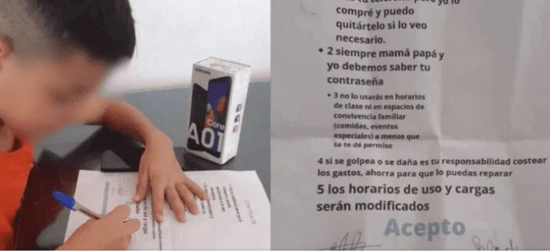 Niño firma contrato para recibir su primer celular, pero con estas cláusulas