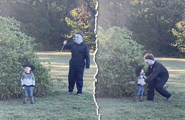 Intenta asustar a niño con disfraz de Michael Myers y él responde con un abrazo