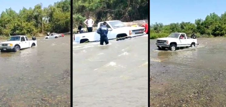 VIDEO: Quisieron cruzar río con todo y camioneta y se quedaron varados