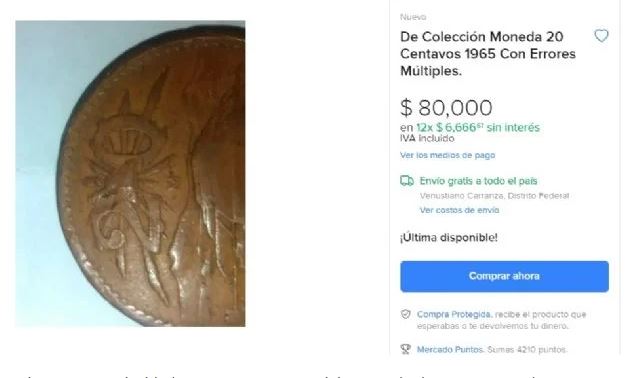 Moneda de 20 centavos que se vende en $80,000 por tener dos leves errores