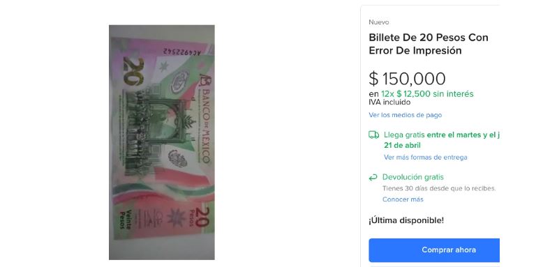 Billete de $20 pesos se vende hasta en $150 mil por error de impresión