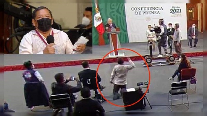 (VIDEO) Supuesto reportero se arrodilla ante López Obrador para que le den la palabra