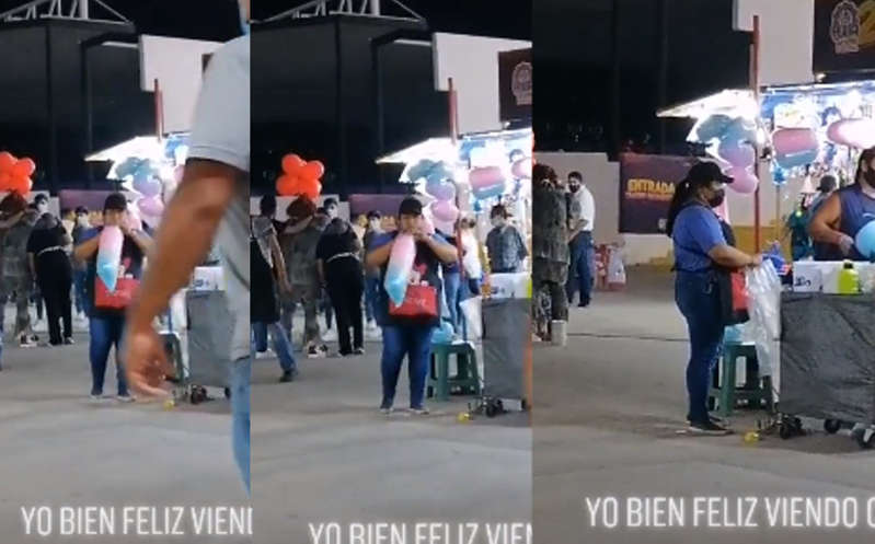 (VÍDEO) Torreón: Captan a vendedora mientras infla bolsa de algodón de azúcar con la boca