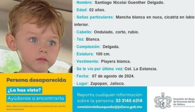 Buscan a menor de dos años desaparecido en Jalisco