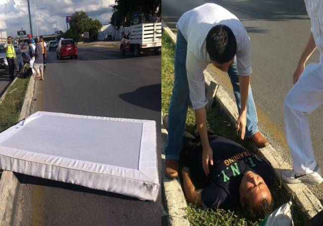 Mérida: Le cae encima base de colchón al intentar cruzar la calle