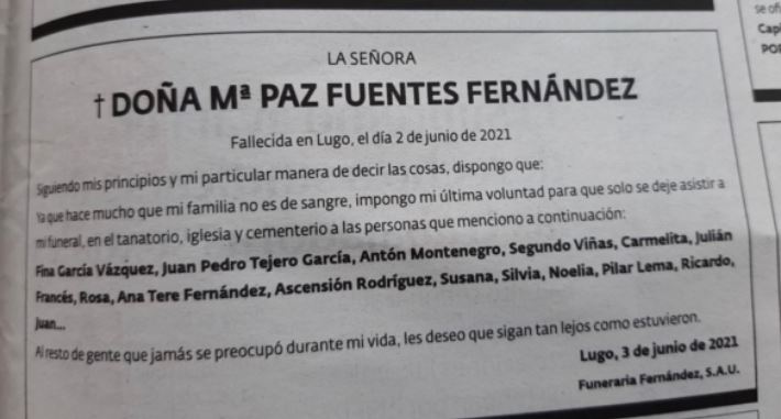 Insólita invitación de una mujer a su funeral: "Los que estuvieron lejos que sigan así"