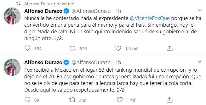 Alfonso Durazo responde a Vicente Fox quien lo tachó de "rata"