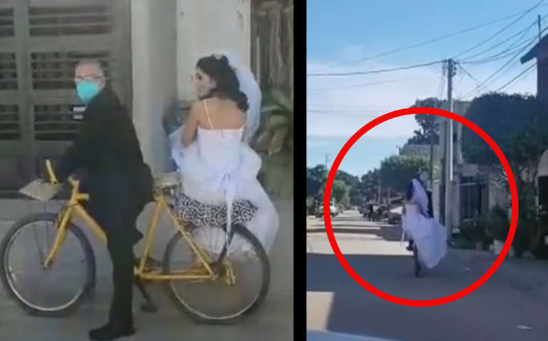 (VÍDEO) Padre lleva a su hija vestida de novia en bicicleta para dejarla en el altar