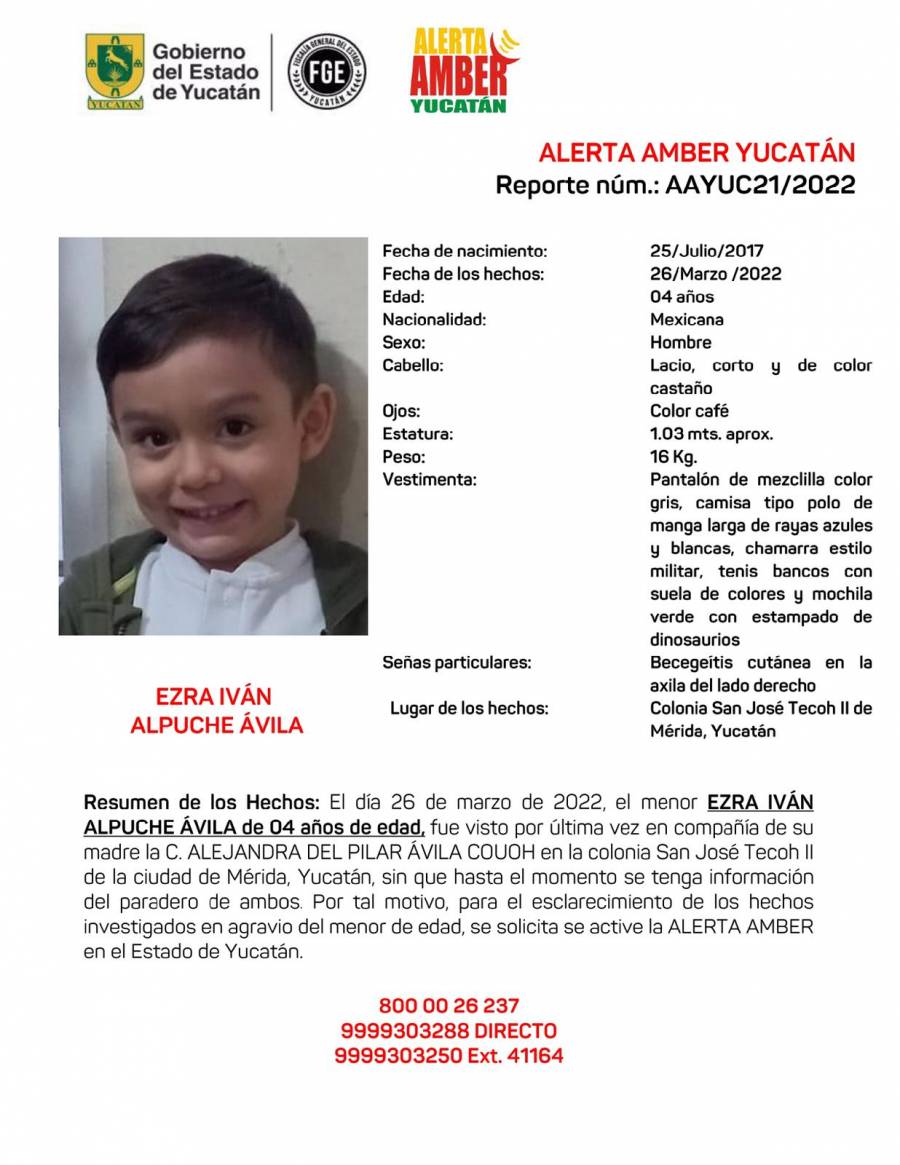Piden apoyo para localizar a niño de 4 años extraviado en Mérida