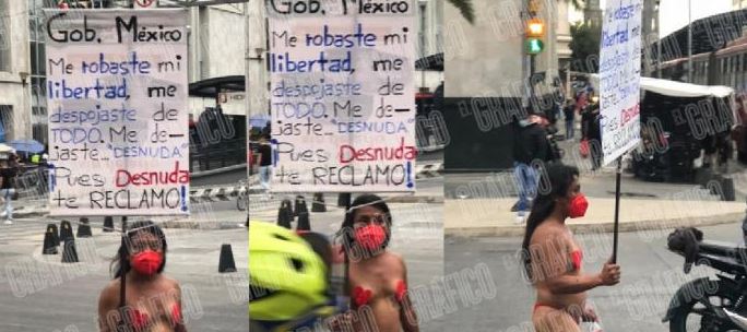 Mujer casi sin nada se manifiesta sobre Av. Juárez en CDMX