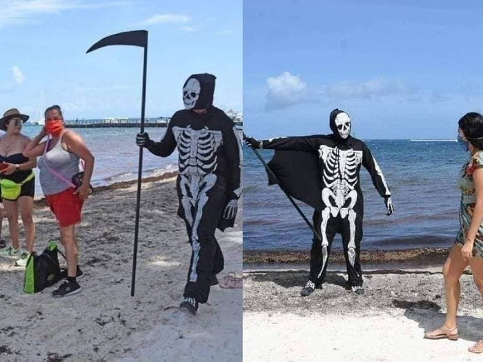 ‘La muerte’ recorre las playas de Puerto Morelos y pide a la gente se quede en casa