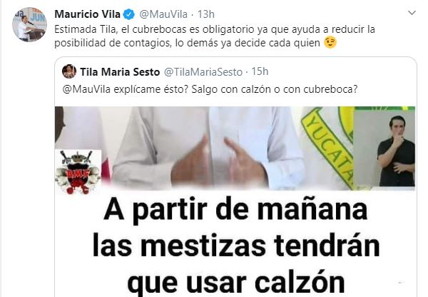 Mauricio Vila repondió pregunta de Tila María Sesto: ¿Salgo con calzón  o cubrebocas?